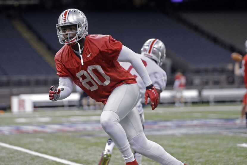 Ohio State wide receiver Noah Brown (80) goes through drills during practice at the...