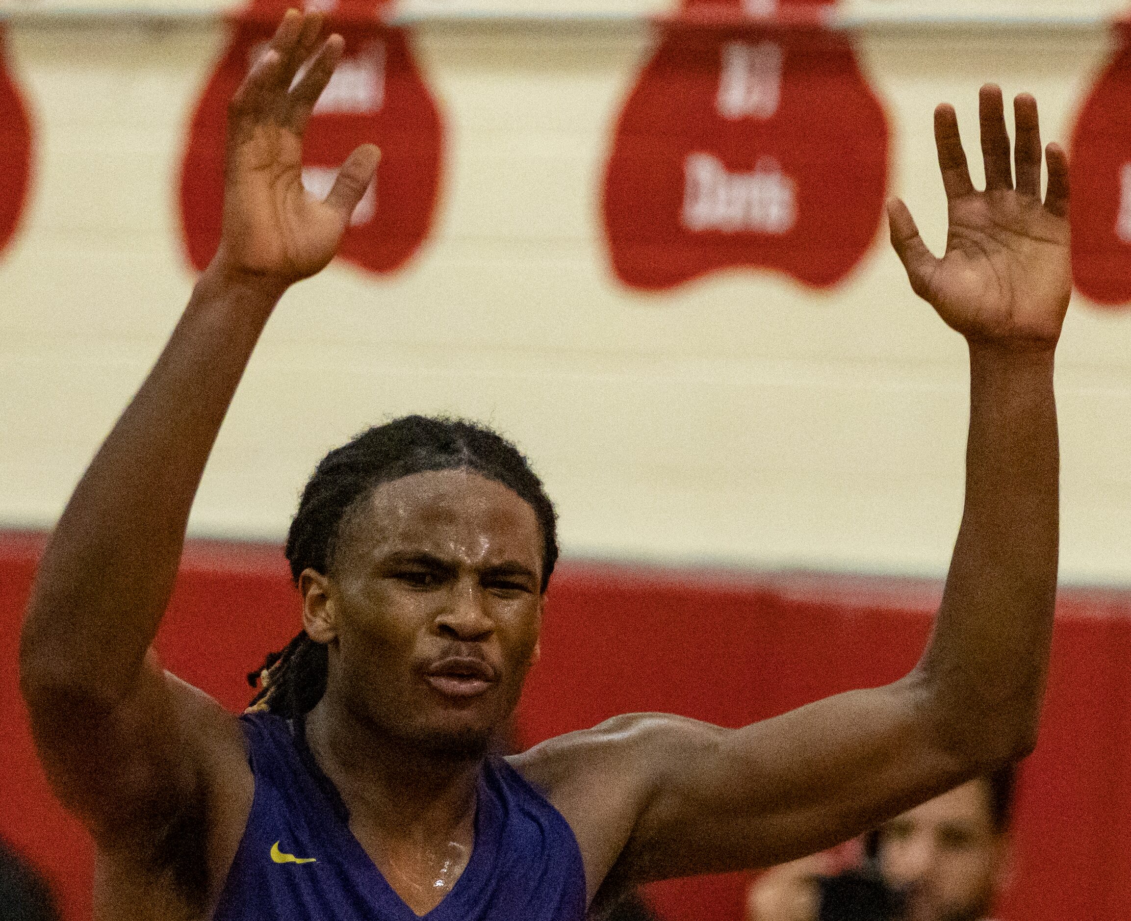 Richardson High School Cason Wallace (22) throws up his hands after a call made by the...