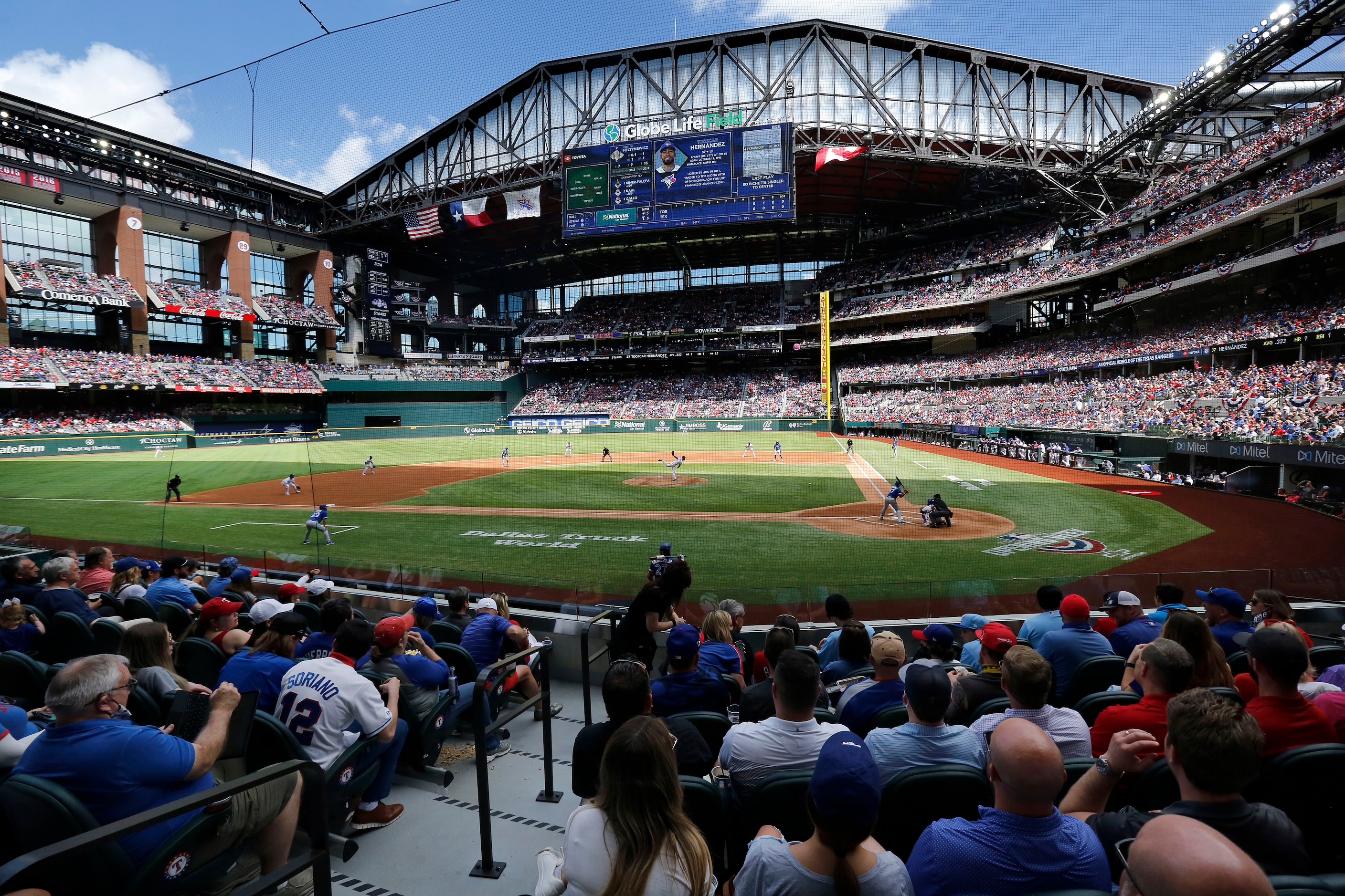 Texas Rangers starting pitcher Mike Foltynewicz (20) throws to Toronto Blue Jays batter...