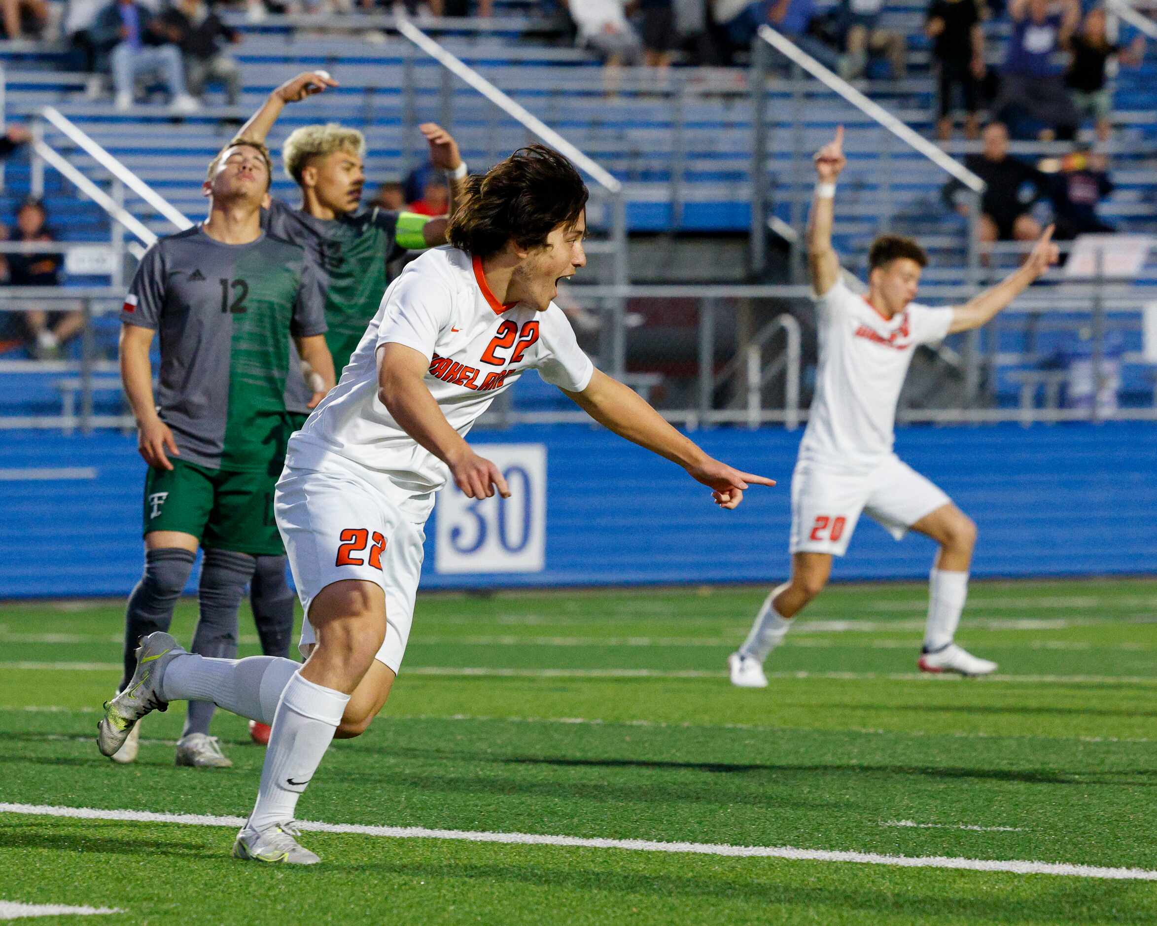 Frisco Wakeland forward Brennan Bezdek (22) celebrates after scoring a goal during the first...