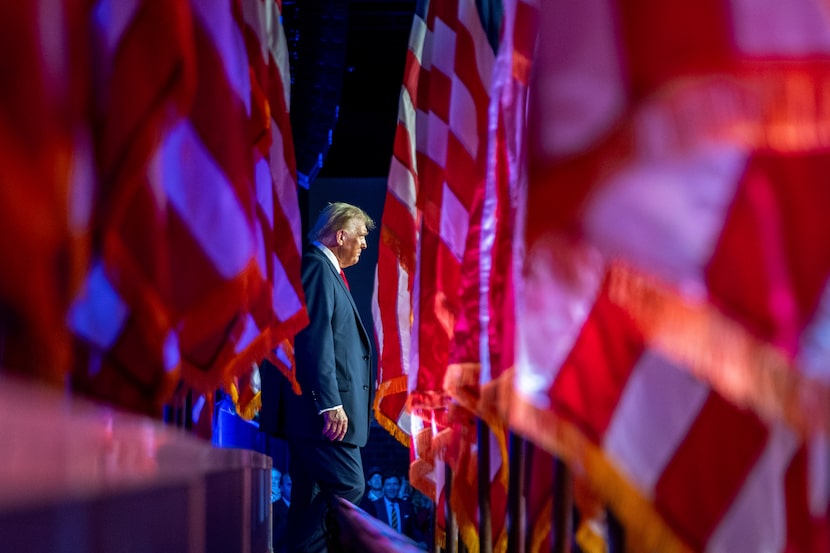 Republican presidential nominee former President Donald Trump arrives at an election night...