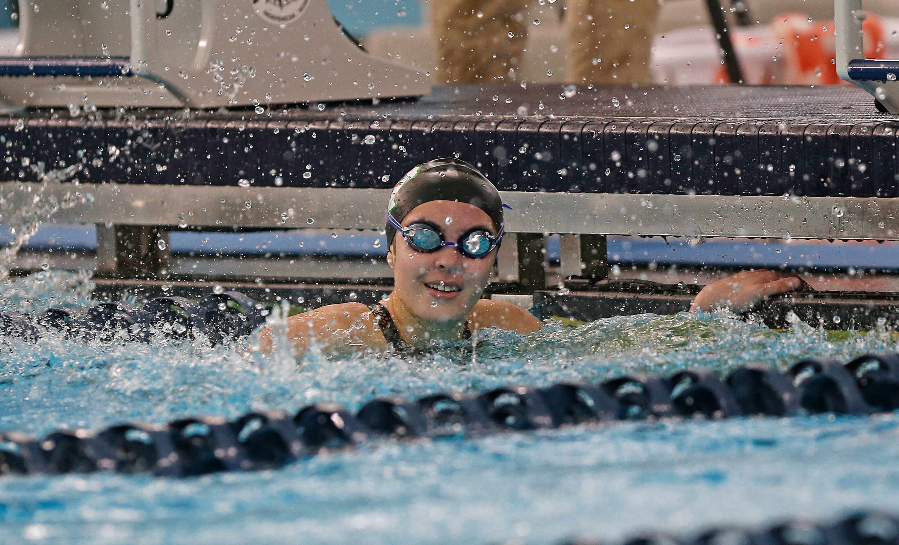 Southlake Corbyn Cormack splashes water after winning  in 200 IM in UIL Girls 6A Finals on...