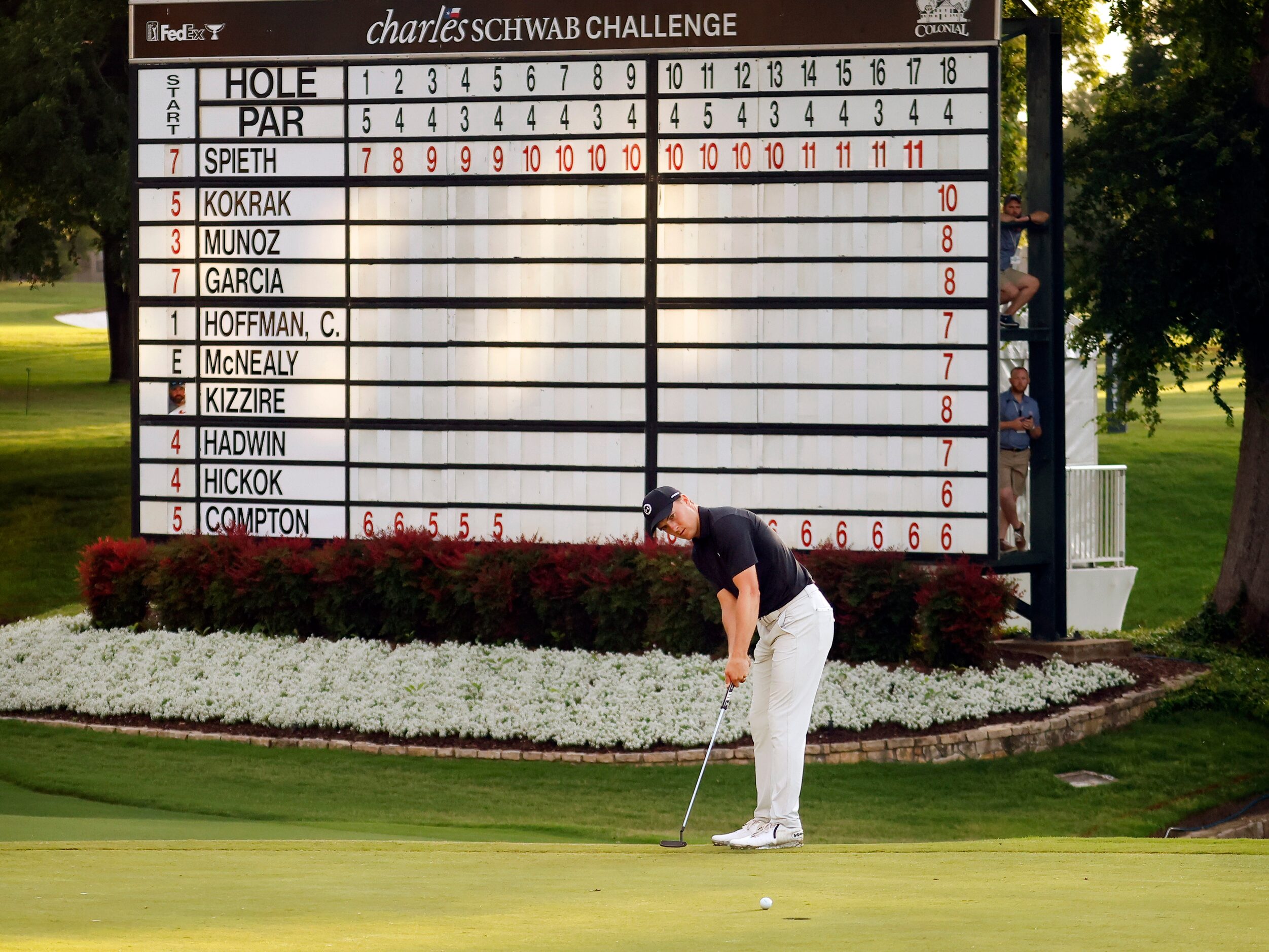 Professional golfer Jordan Spieth putts for par on No. 18 at the Charles Schwab Challenge at...