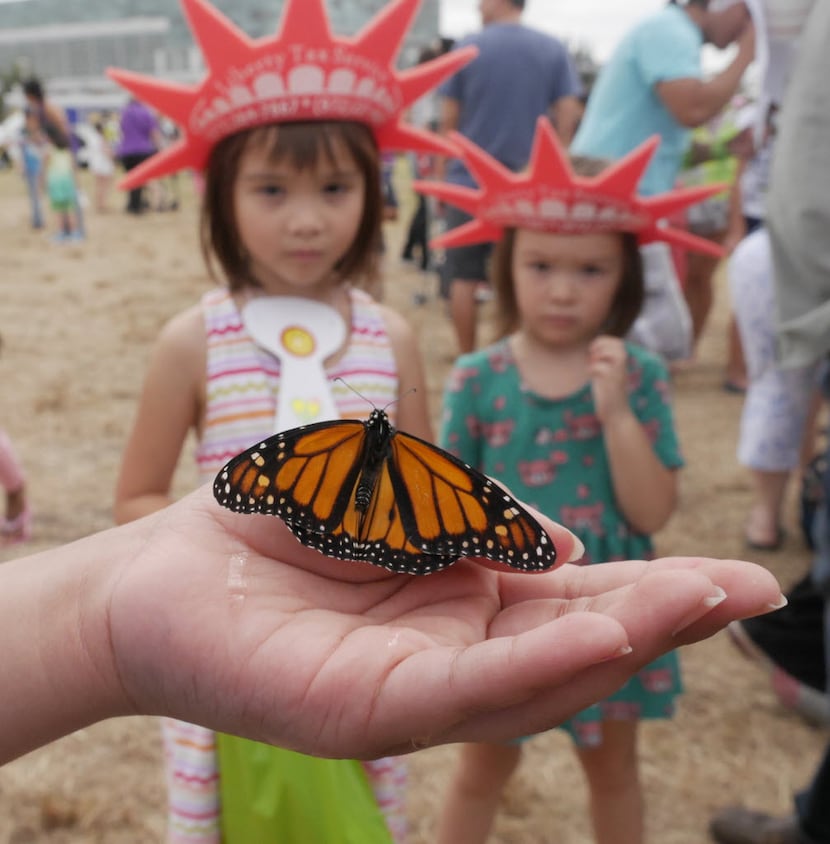 Children watch a monarch butterfly at the Flight of the Monarch Celebration at Central Park...