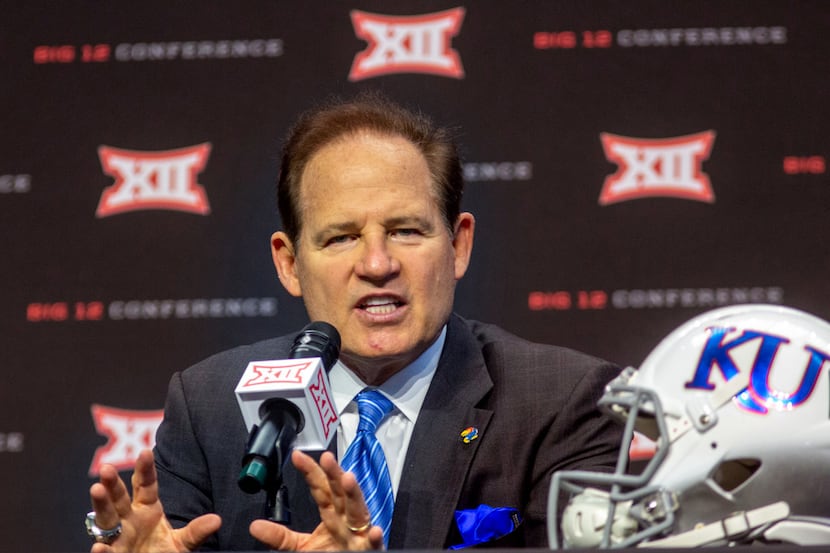 University of Kansas head football coach Les Miles speaks during the Big 12 Conference Media...