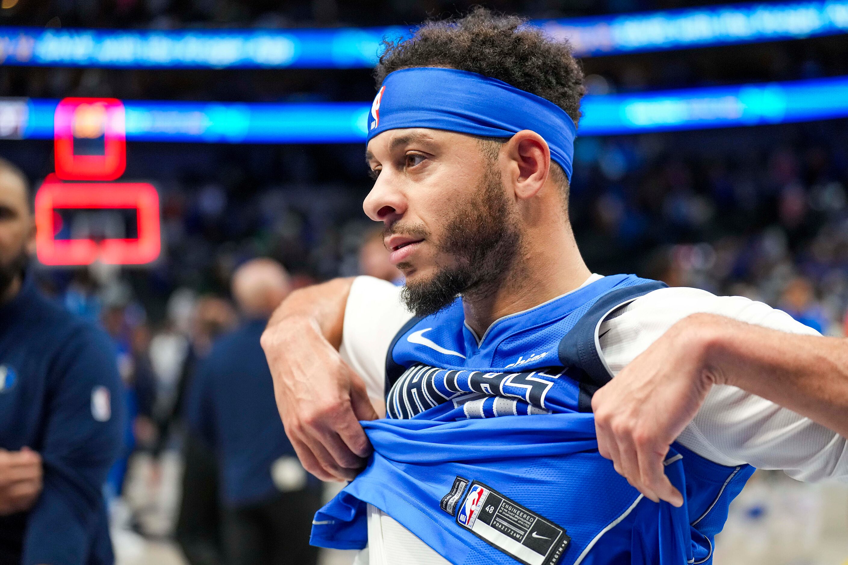 Dallas Mavericks guard Seth Curry leaves the court after a 126-120 loss to the Oklahoma City...