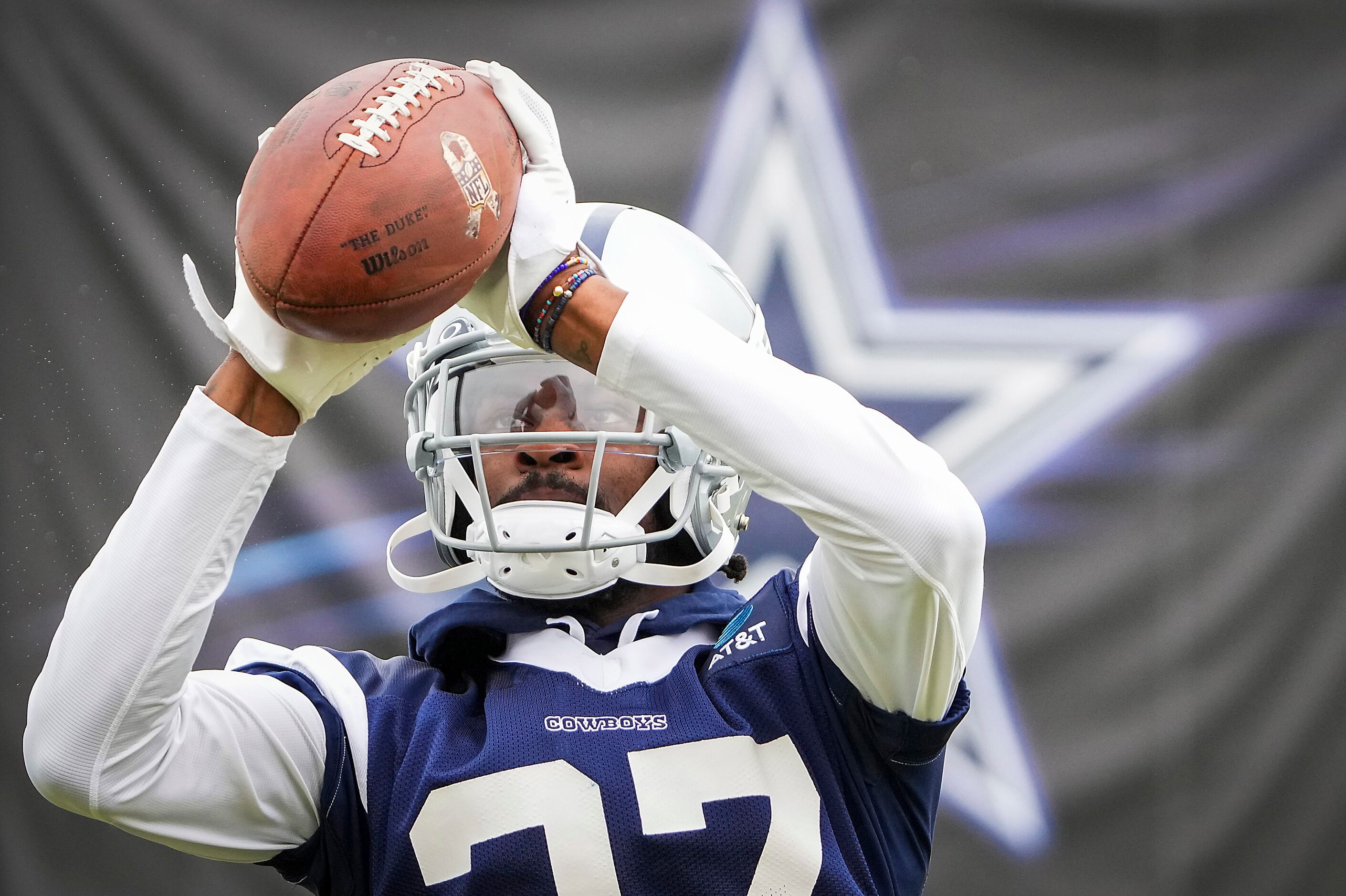 Dallas Cowboys cornerback Trevon Diggs catches a ball during drill at training camp on...