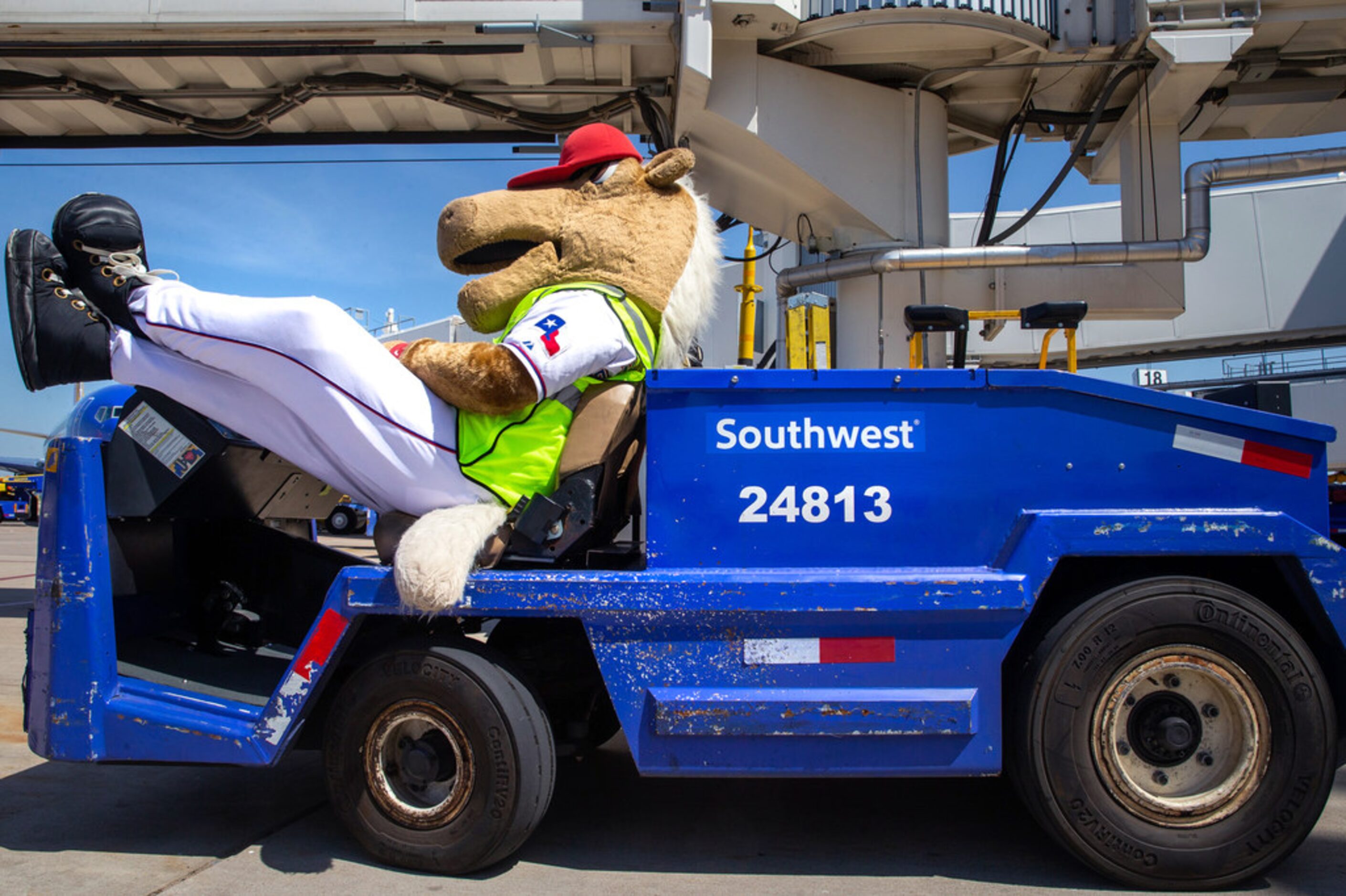 Texas Rangers mascot Rangers Captain takes a quick nap on a utility vehicle at Dallas Love...