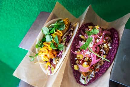 Velvet Taco is known for its inventive taco combinations. The taco on the left is fish and...