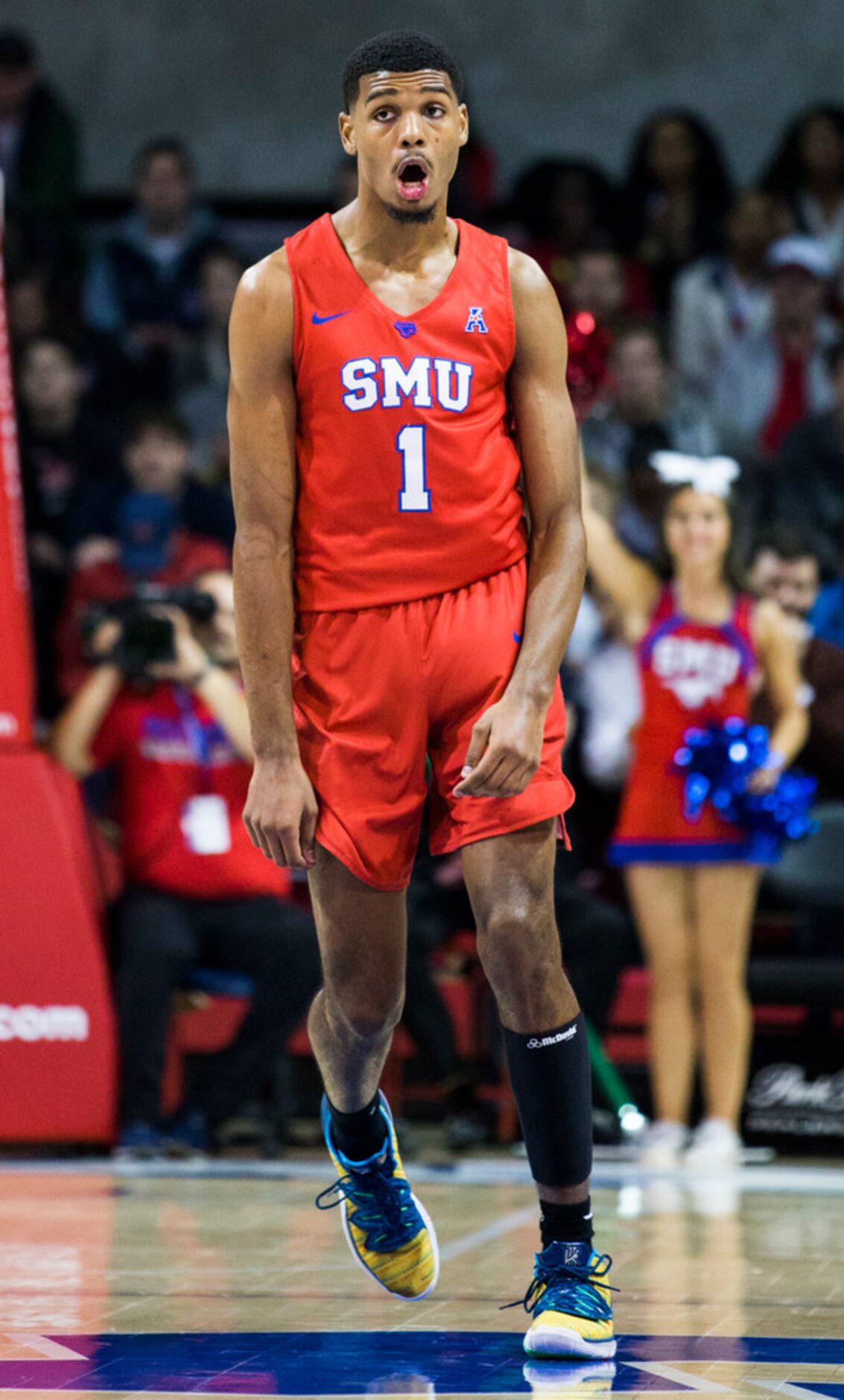 Southern Methodist Mustangs forward Feron Hunt (1) celebrates a three pointer during the...