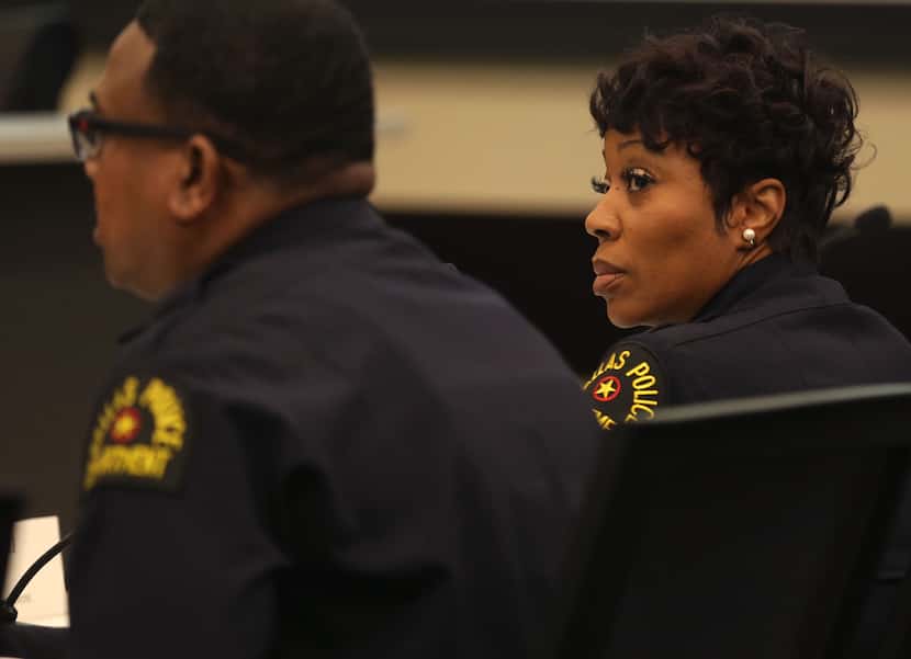 Dallas Police Chief U. Renee Hall listened as Lt. David Davis made a presentation during a...