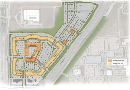  Existing buildings are in yellow. New buildings are in orange. The area to the north will...