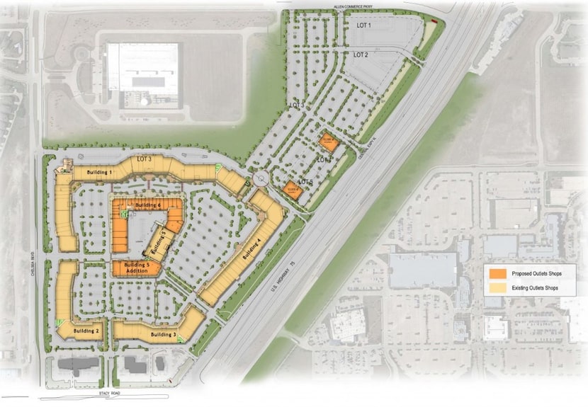  Existing buildings are in yellow with new buildings in orange. The area to the north will...