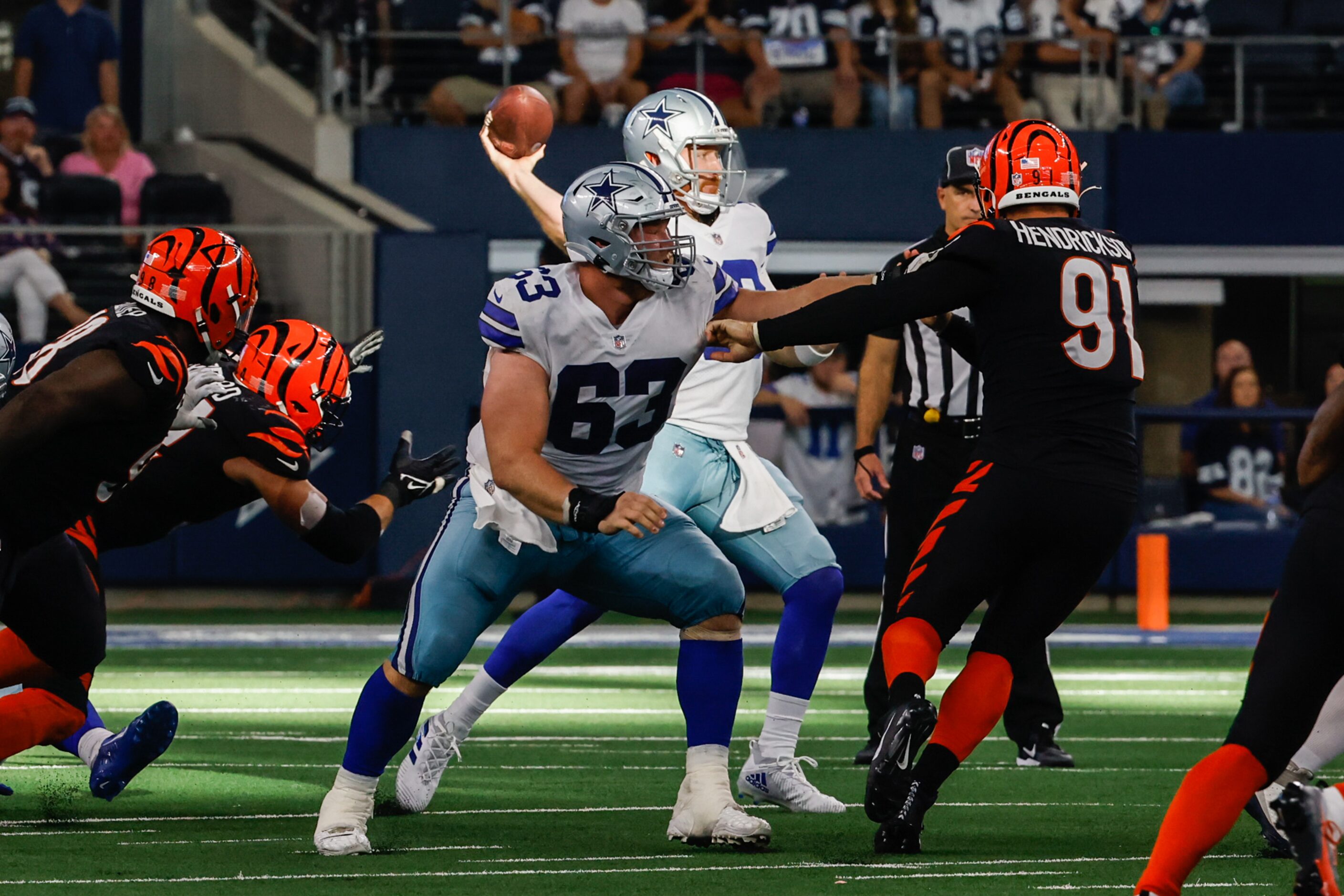 Dallas Cowboys quarterback Cooper Rush (10) attempts a pass against the Cincinnati Bengals...