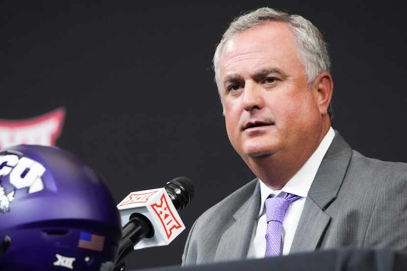 TCU head coach Sonny Dykes speaks to reporters during the Big 12 Conference football media...