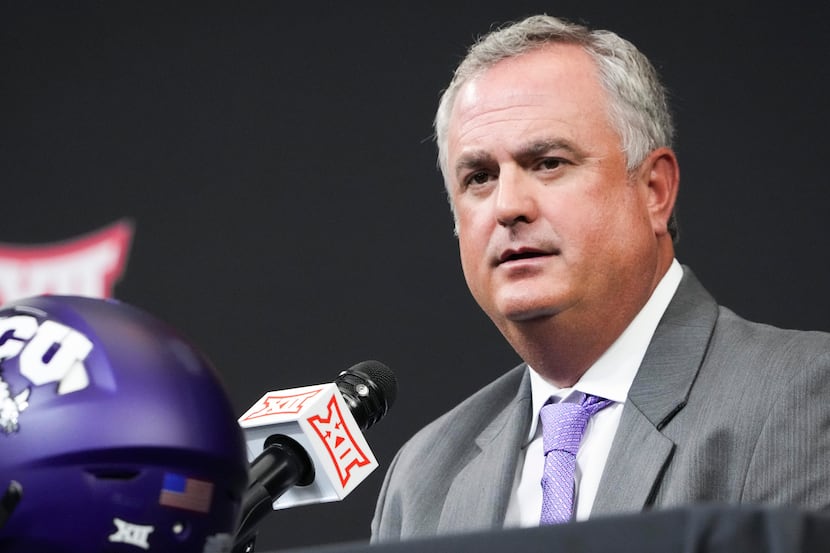 TCU head coach Sonny Dykes speaks to reporters during the Big 12 Conference football media...
