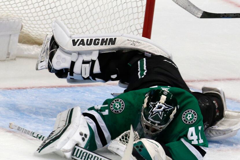 Dallas Stars guard Landon Bow (41) saves a shot on goal against the St. Louis Blues during...