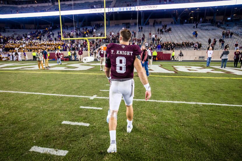 Texas A&M quarterback Trevor Knight walks off the field after a loss to LSU in an NCAA...
