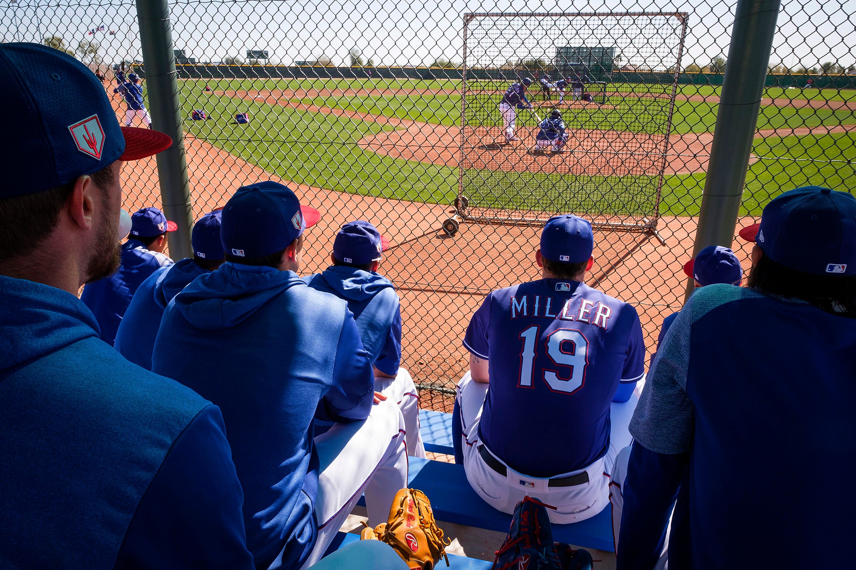 Texas Rangers pitchers Jeffrey Springs (far left), pitcher Shelby Miller (19) and Jason...