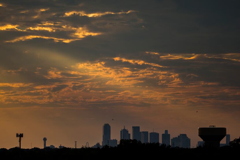 The Dallas skyline at sunset as seen from the top of Mesquite Memorial Stadium.