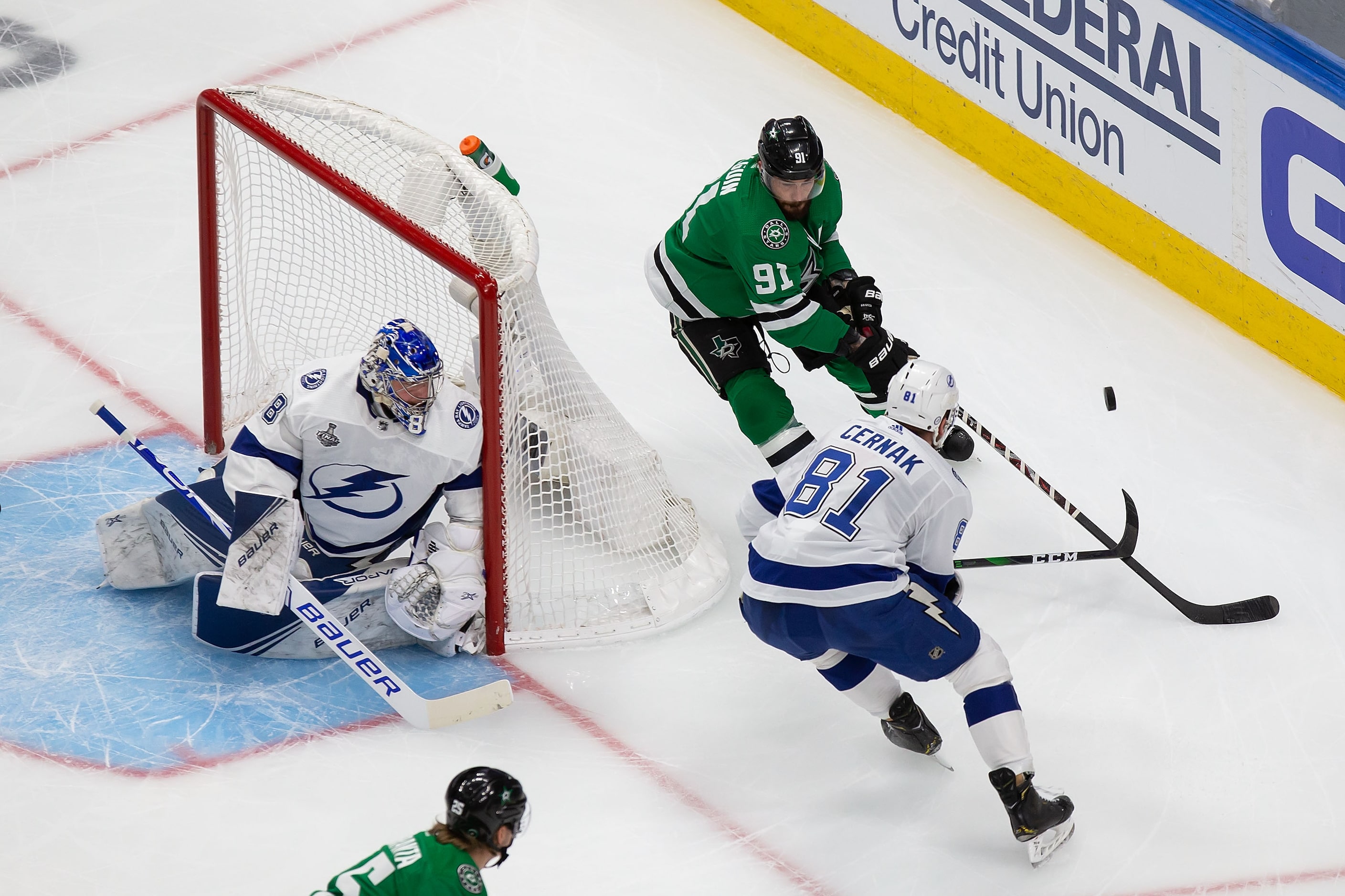 Tyler Seguin (91) of the Dallas Stars battles against Erik Cernak (81) of the Tampa Bay...