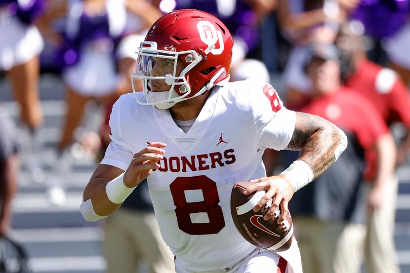 Oklahoma quarterback Dillon Gabriel (8) looks to throw against TCU during the first half of...