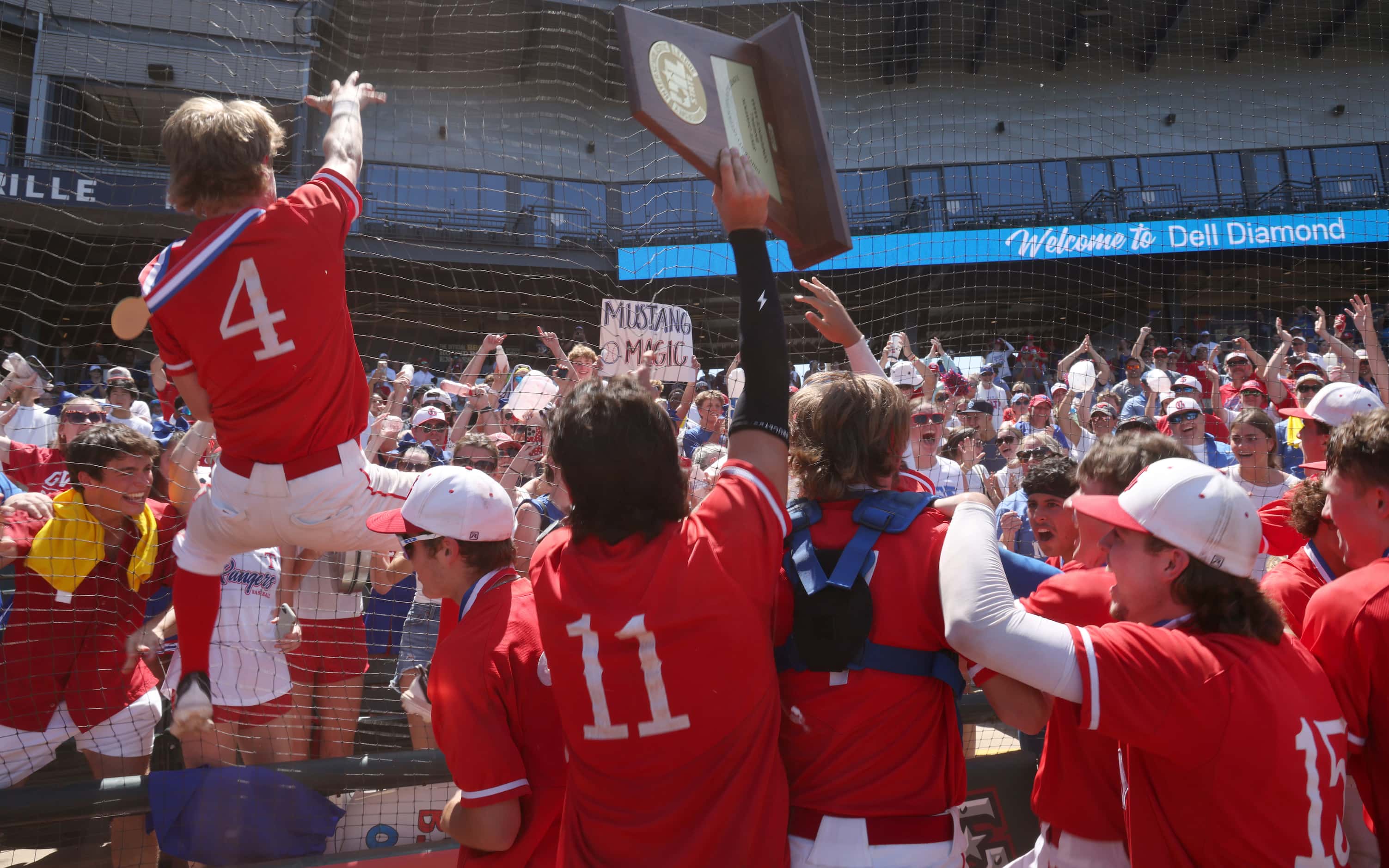 Grapevine players celebrate with their fans and Class 5A state championship trophy following...