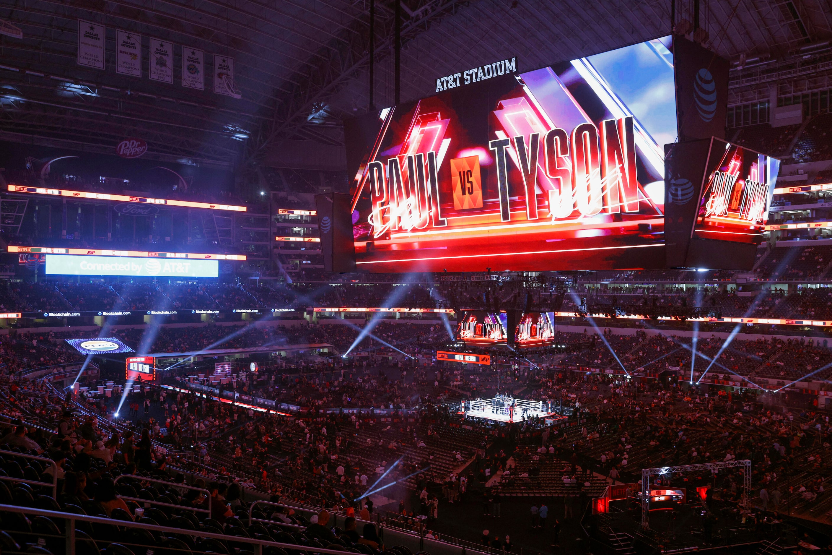 Fans begin to fill AT&T Stadium ahead of the boxing match between Jake Paul and Mike Tyson,...