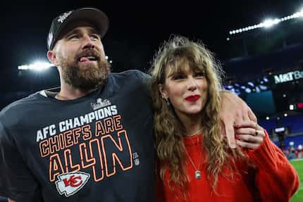 Kansas City Chiefs tight end Travis Kelce celebrated with girlfriend Taylor Swift after...