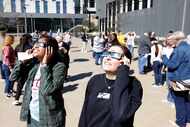 Anita Orozco, left, Katherine Roberts, and other North Texas teachers participate in a solar...