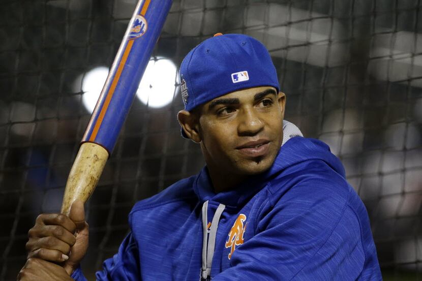 New York Mets' Yoenis Cespedes hits before Game 5 of the Major League Baseball World Series...