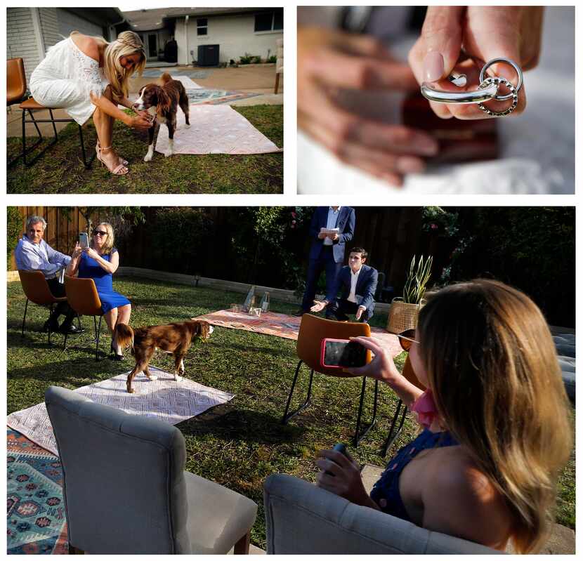 Bride Dana Striph uses a carabiner to attach the wedding bands to their springer spaniel,...