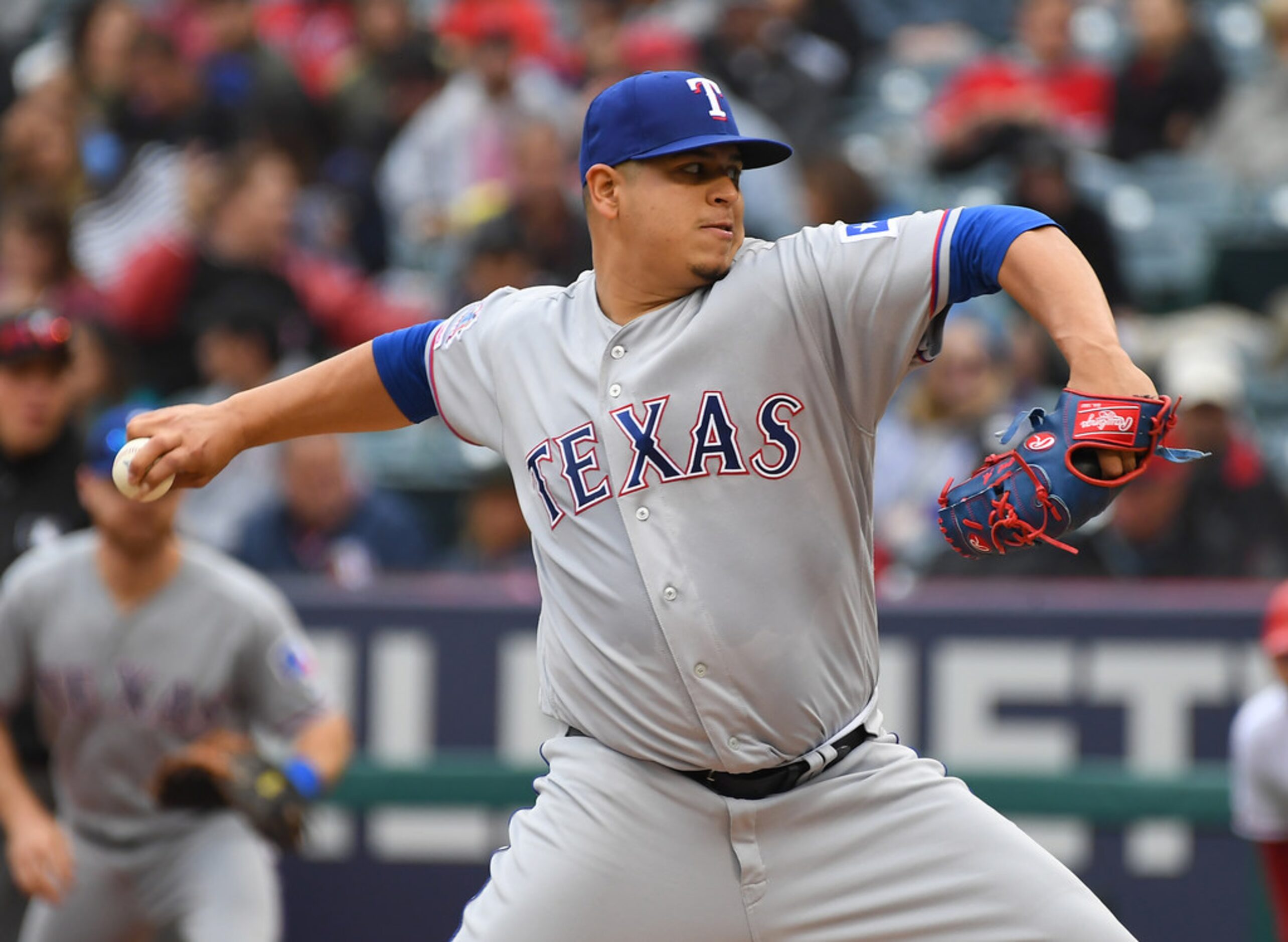 ANAHEIM, CA - MAY 26: Ariel Jurado #57 of the Texas Rangers pitches in the fifth inning of...