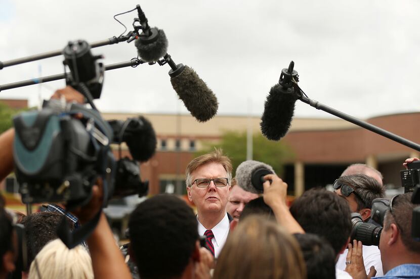 Texas Lt. Gov. Dan Patrick spoke to the media after placing flowers at Santa Fe High School...