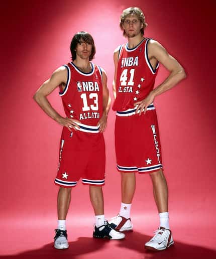 ATLANTA - FEBRUARY 9:  Portrait of Western Conference All-Stars Steve Nash #13 and Dirk...