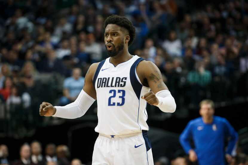 Dallas Mavericks guard Wesley Matthews reacts to a foul call during the first half of an NBA...