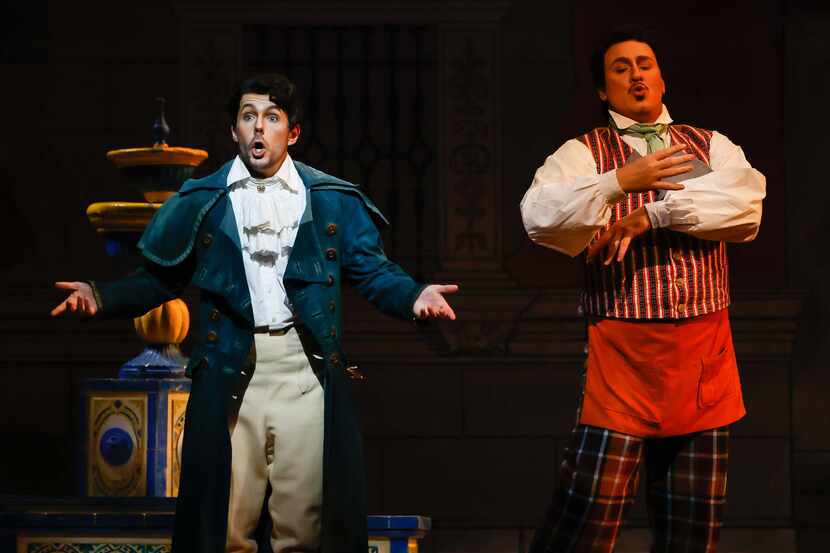 Alasdair Kent as Count Almaviva and Lucas Meachem as Figaro during a dress rehearsal of a...