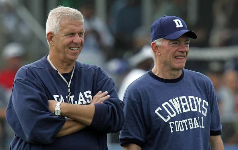 Dallas Cowboys coach Bill Parcells talks with owner Jerry Jones during practice at the...