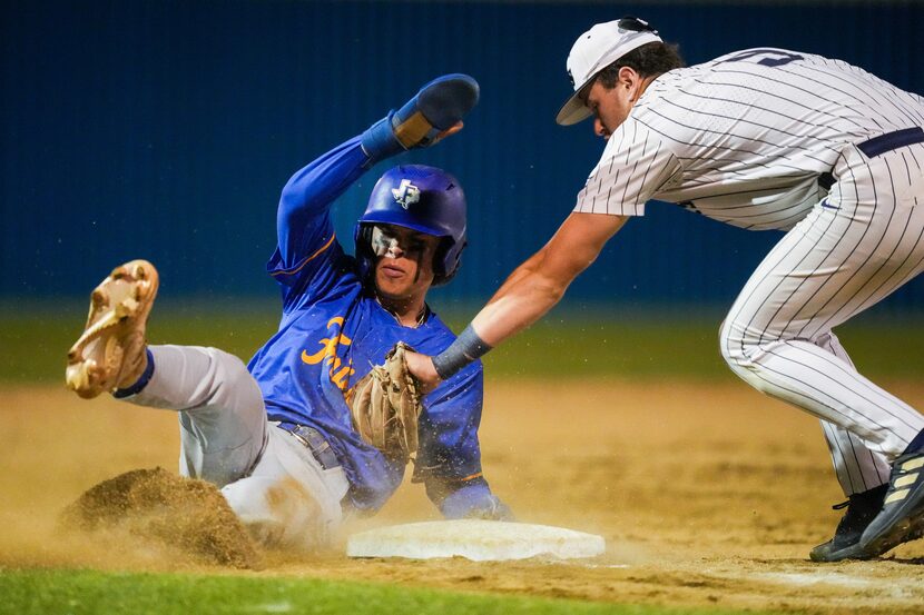 Frisco center fielder Austin Gathright advanced safely to third base ahead of the tag from...