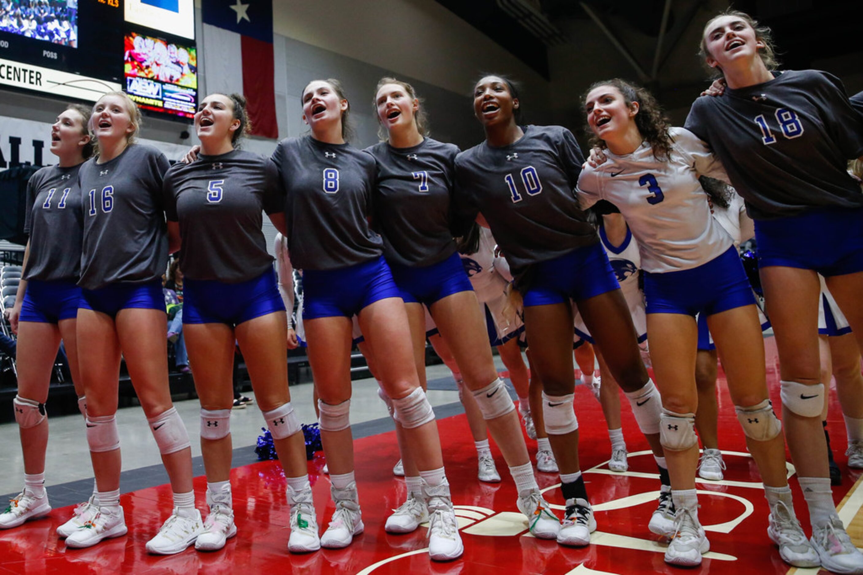 The Byron Nelson Bobcats celebrate by singing their school song after winning a class 6A...