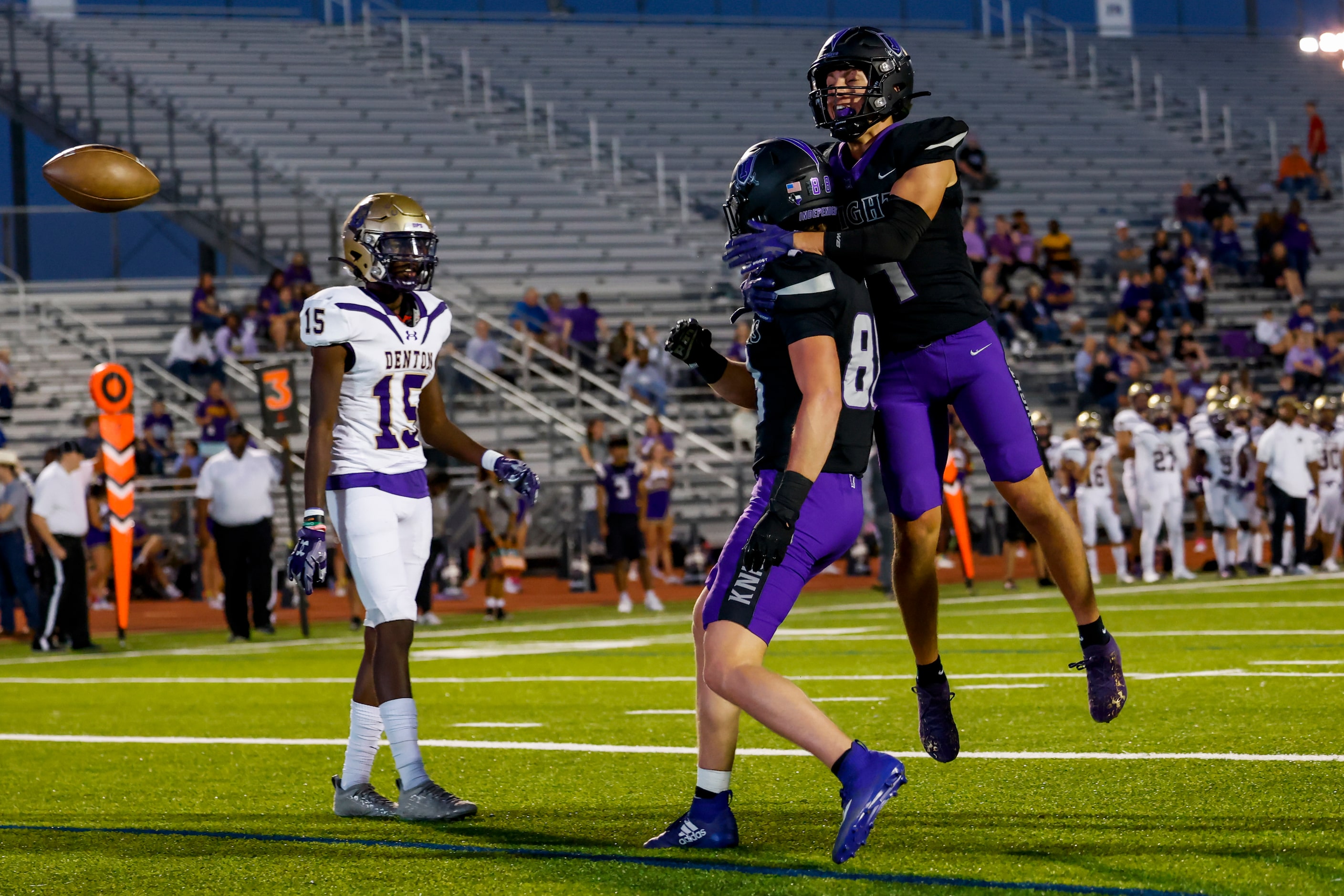 Frisco Independence’s tight end Jake Simpson (88) celebrates his touchdown with teammate...