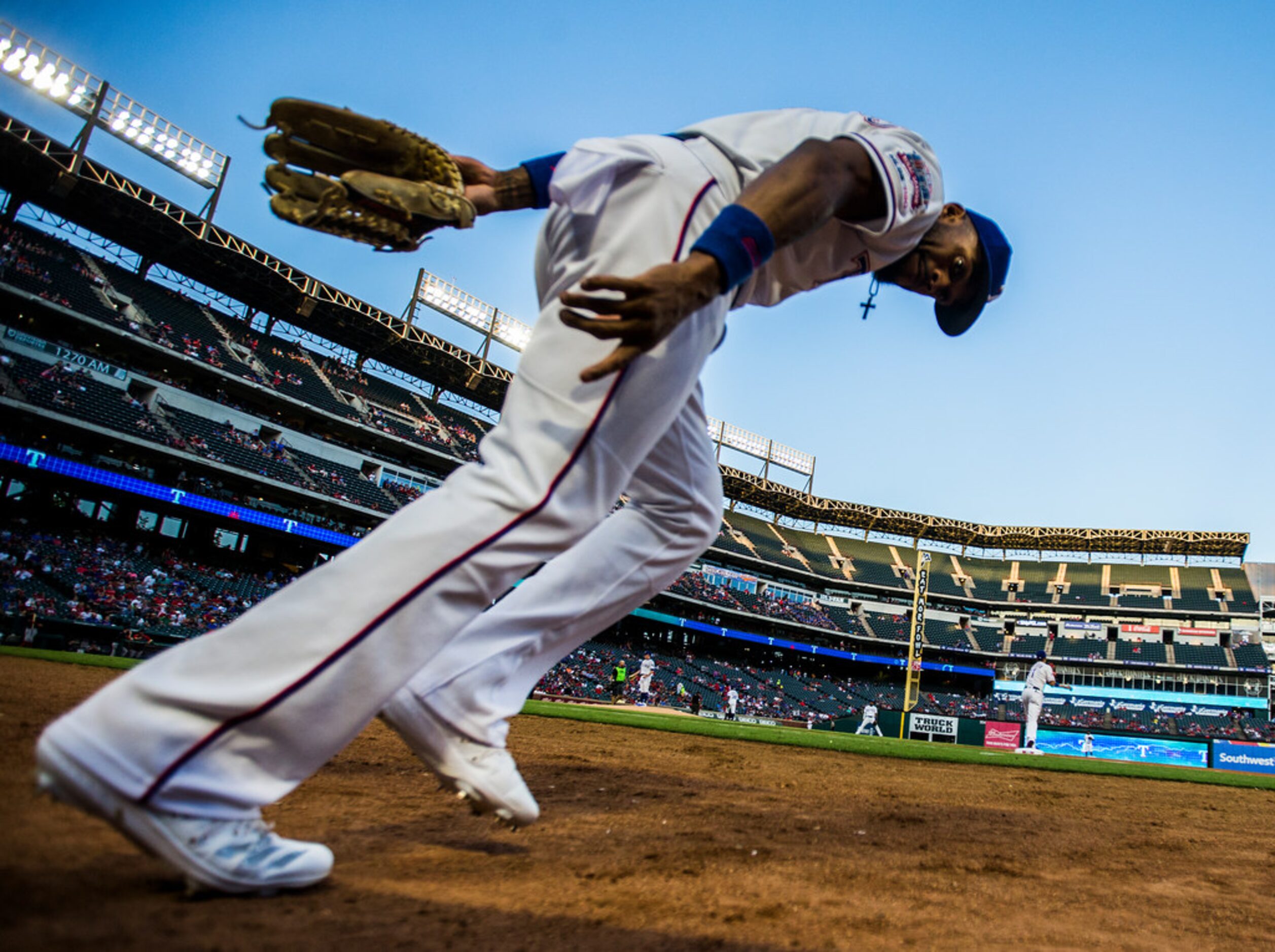 Texas Rangers second baseman Rougned Odor (12) runs on the field before an MLB game between...