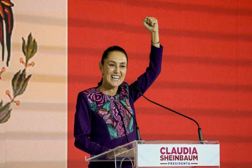 Ruling party presidential candidate Claudia Sheinbaum addresses supporters after the...