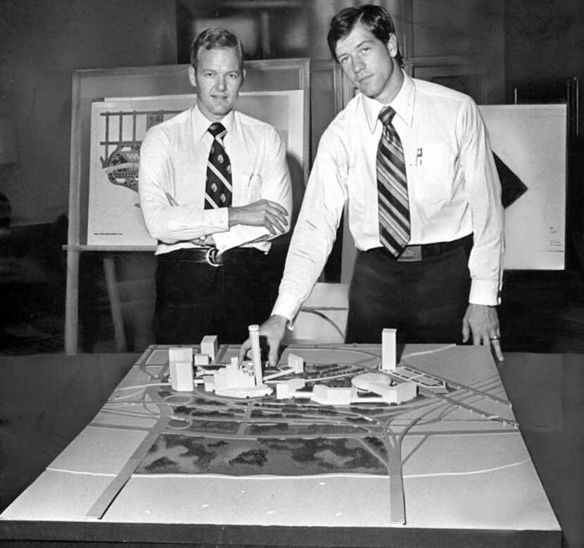 Ray Hunt (left) and John Scovell showed a mock-up of their planned hotel complex in 1973. 