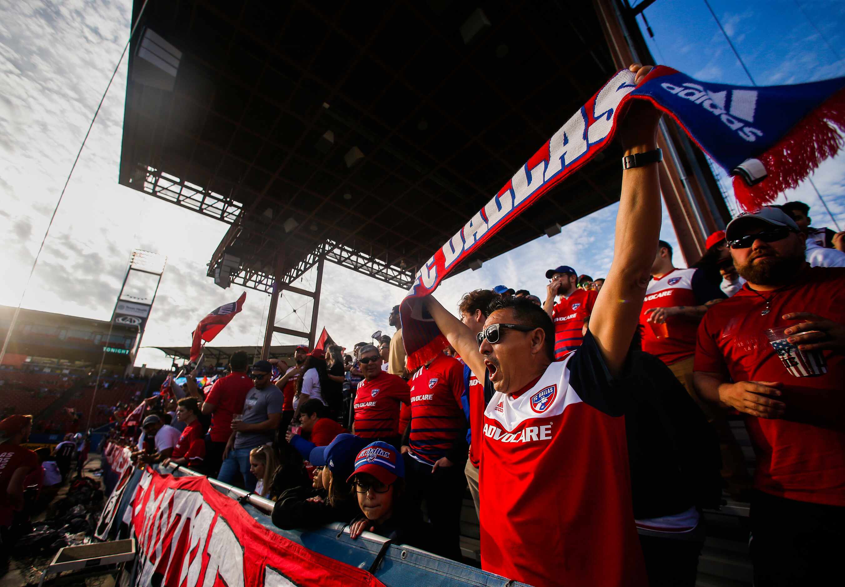 FC Dallas fans celebrate at the start of an MLS soccer match against Philadelphia Union on...