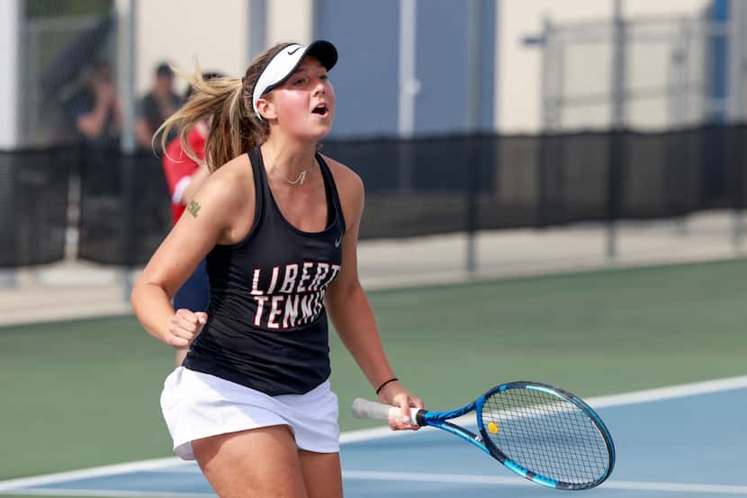 Frisco Liberty’s s Milla Dopson celebrates a point during the 5A mixed doubles championship...