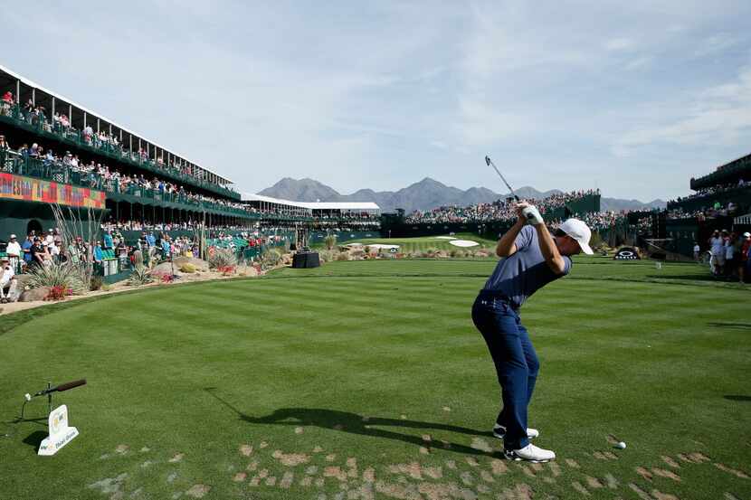 SCOTTSDALE, AZ - JANUARY 28:  Jordan Spieth hits his tee shot on the 16th hole during the...