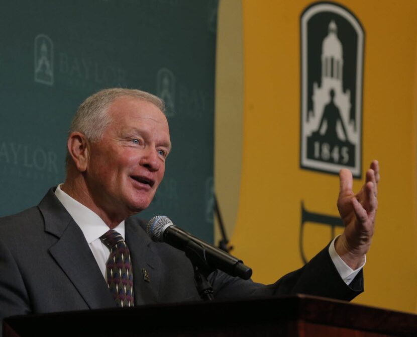 Baylor interim head football coach Jim Grobe talks with reporters during a news conference,...