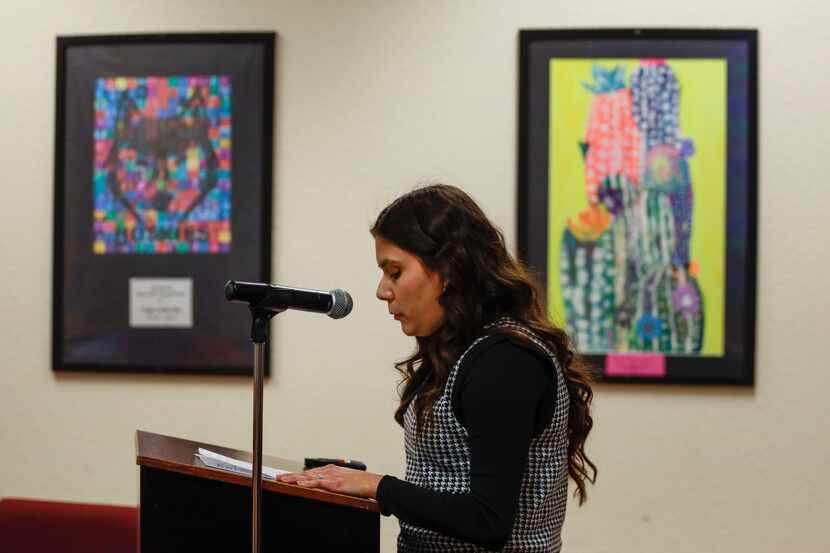Guilia Herndon speaks during the Burleson Independent School District board meeting in...