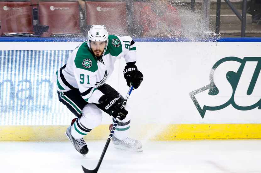 Dallas Stars center Tyler Seguin (91) is shown during the first period of an NHL hockey game...